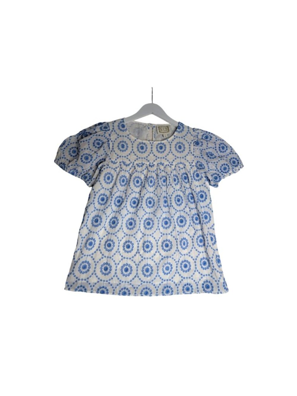 SAIL TO SABLE Blue & White Embroidered Eyelet Puff Short Sleeve Babydoll Top - S - Picture 2 of 15